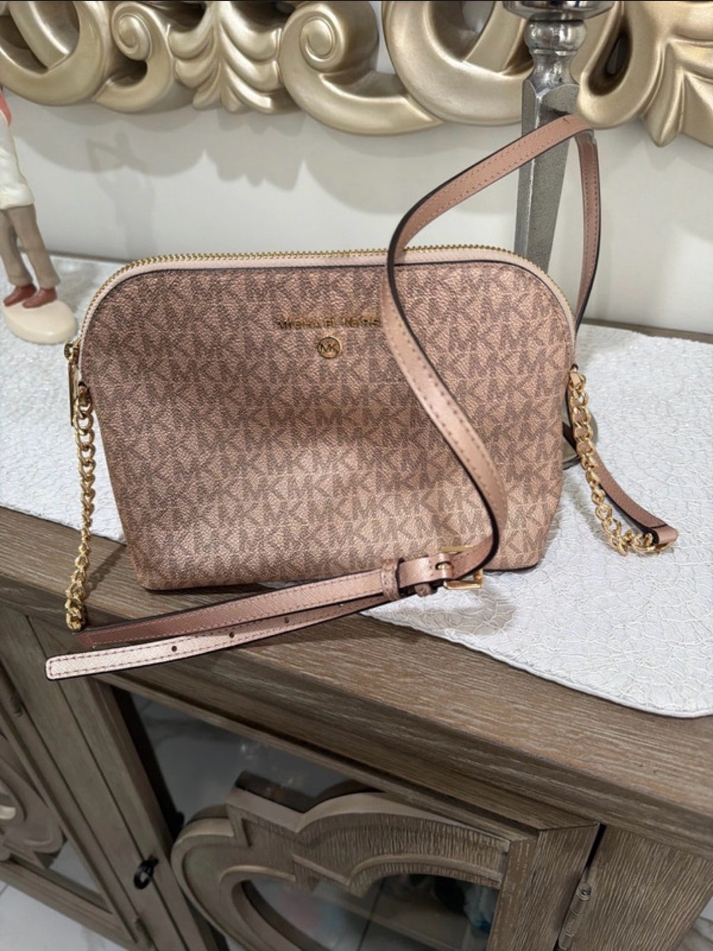 Michael Kors Blush Pink MK Logo Chain-Trim Crossbody